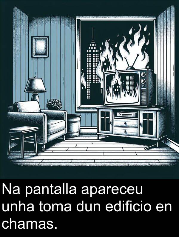 dun: Na pantalla apareceu unha toma dun edificio en chamas.