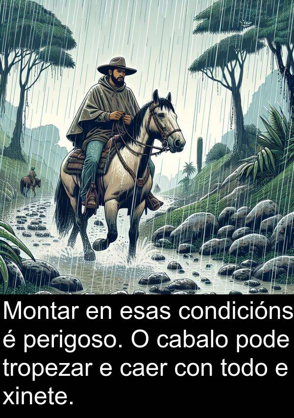 esas: Montar en esas condicións é perigoso. O cabalo pode tropezar e caer con todo e xinete.