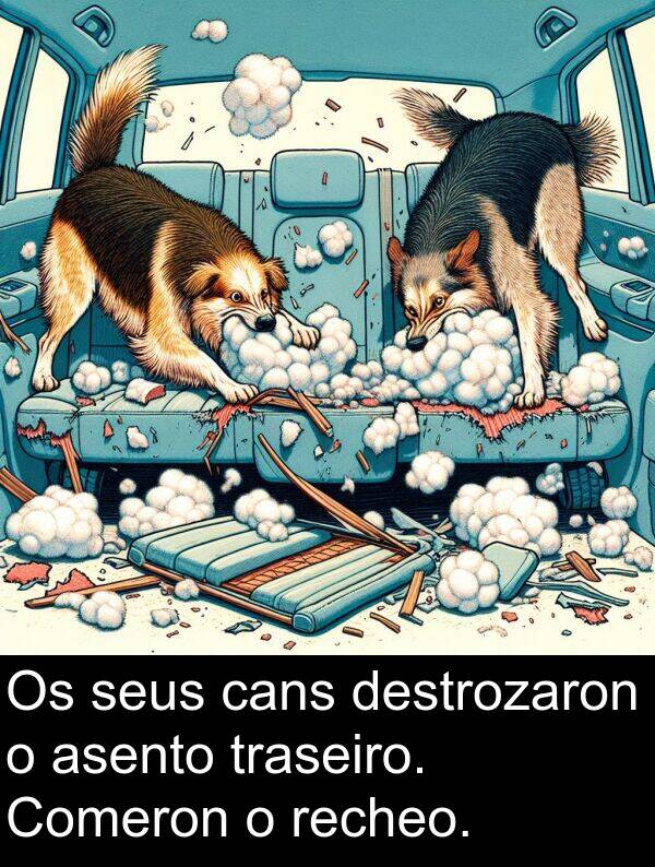 recheo: Os seus cans destrozaron o asento traseiro. Comeron o recheo.