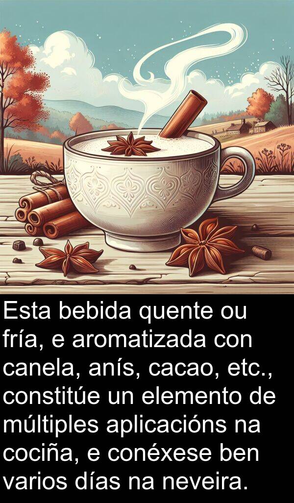 días: Esta bebida quente ou fría, e aromatizada con canela, anís, cacao, etc., constitúe un elemento de múltiples aplicacións na cociña, e conéxese ben varios días na neveira.