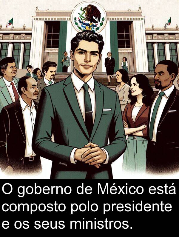 composto: O goberno de México está composto polo presidente e os seus ministros.