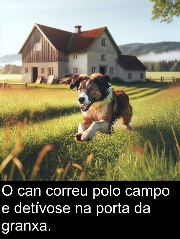 porta: O can correu polo campo e detívose na porta da granxa.