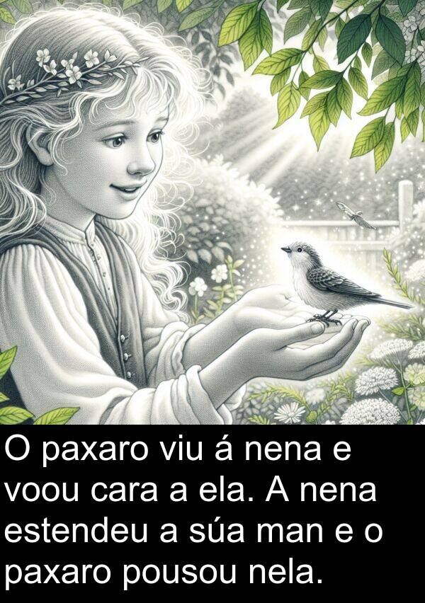 ela: O paxaro viu á nena e voou cara a ela. A nena estendeu a súa man e o paxaro pousou nela.