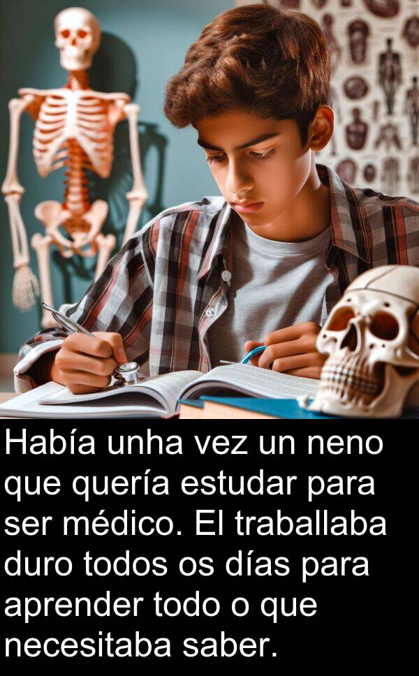 médico: Había unha vez un neno que quería estudar para ser médico. El traballaba duro todos os días para aprender todo o que necesitaba saber.