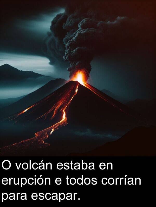 escapar: O volcán estaba en erupción e todos corrían para escapar.