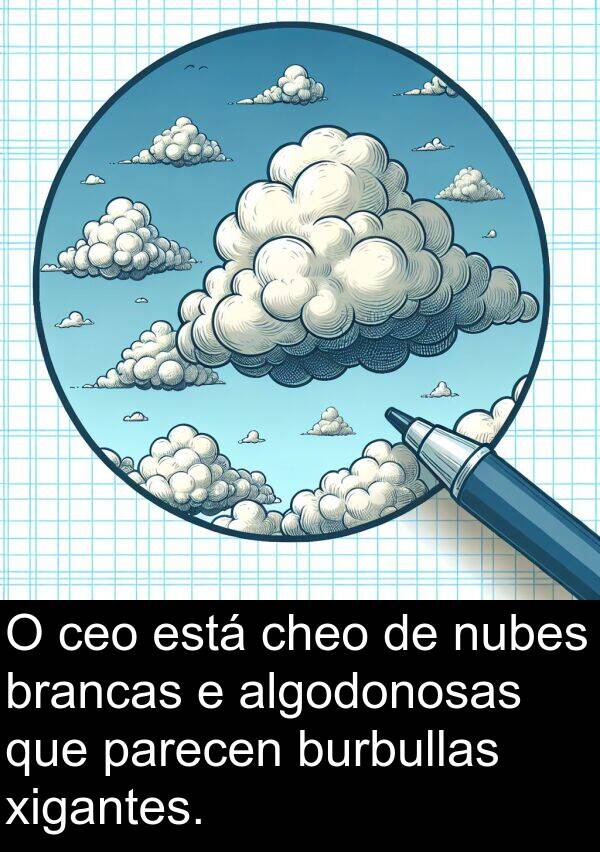 burbullas: O ceo está cheo de nubes brancas e algodonosas que parecen burbullas xigantes.