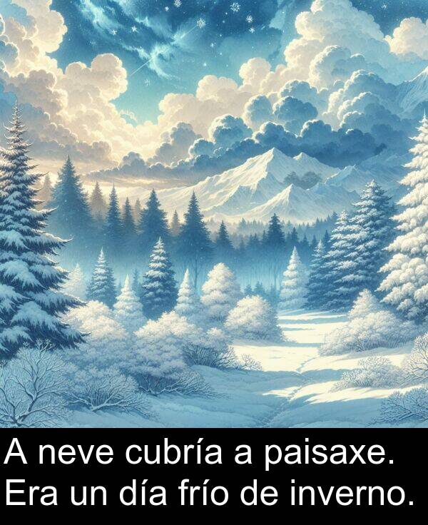día: A neve cubría a paisaxe. Era un día frío de inverno.