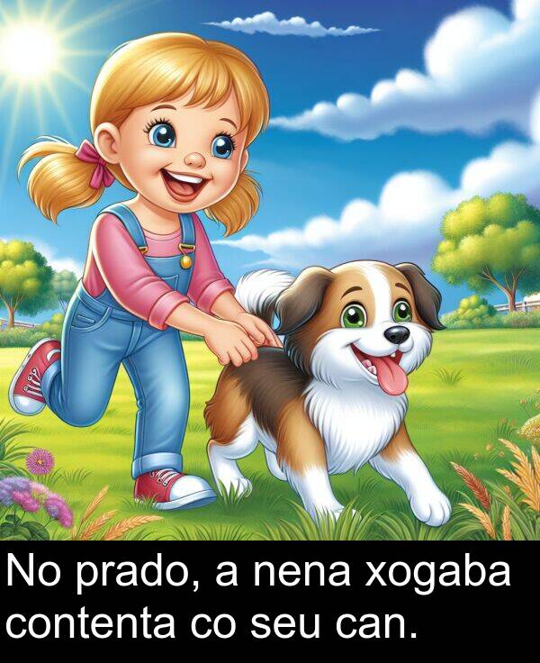 contenta: No prado, a nena xogaba contenta co seu can.