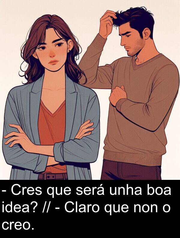 será: - Cres que será unha boa idea? // - Claro que non o creo.