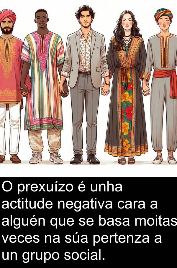 social: O prexuízo é unha actitude negativa cara a alguén que se basa moitas veces na súa pertenza a un grupo social.