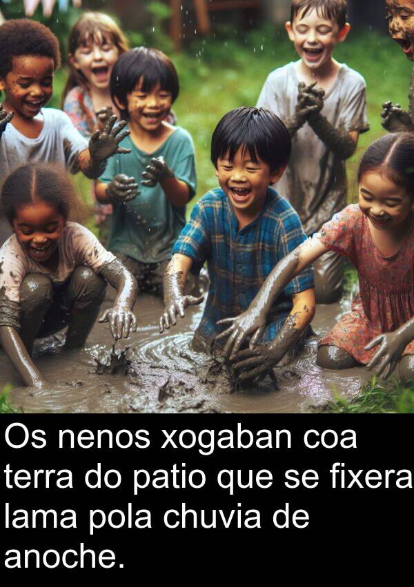terra: Os nenos xogaban coa terra do patio que se fixera lama pola chuvia de anoche.