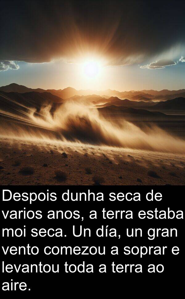 varios: Despois dunha seca de varios anos, a terra estaba moi seca. Un día, un gran vento comezou a soprar e levantou toda a terra ao aire.