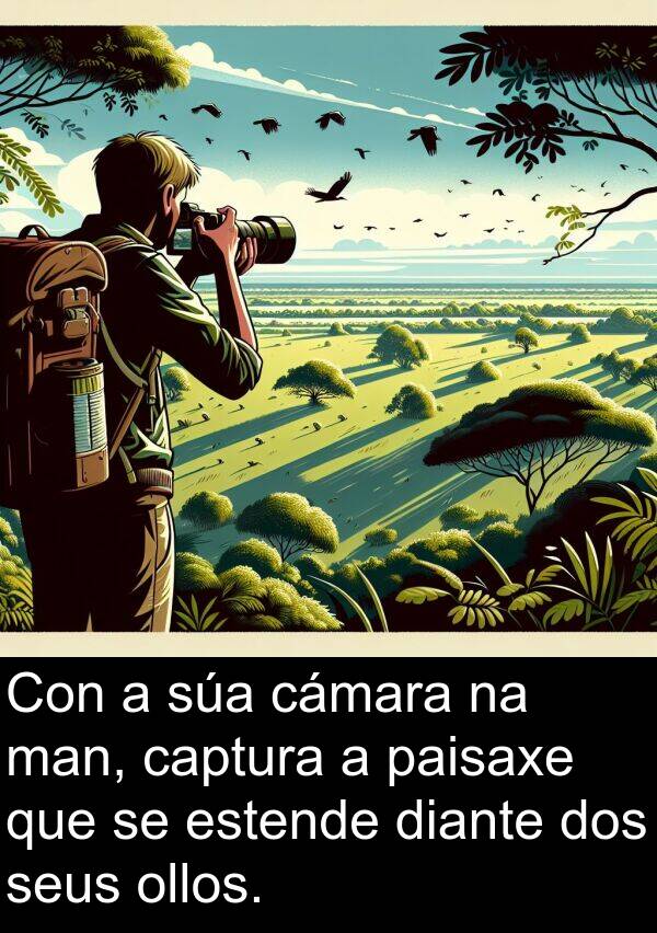 diante: Con a súa cámara na man, captura a paisaxe que se estende diante dos seus ollos.