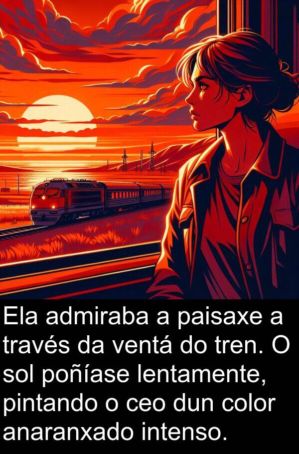 tren: Ela admiraba a paisaxe a través da ventá do tren. O sol poñíase lentamente, pintando o ceo dun color anaranxado intenso.