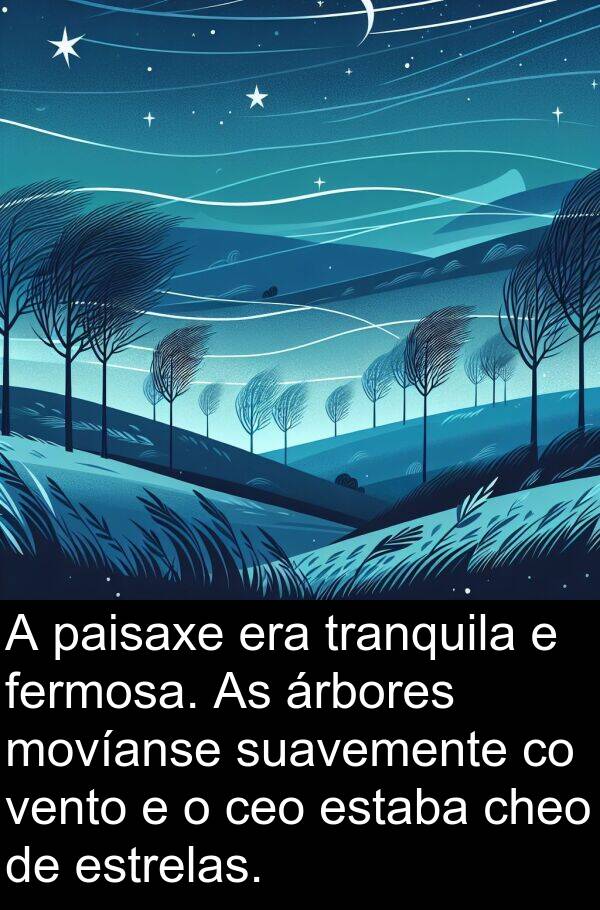 tranquila: A paisaxe era tranquila e fermosa. As árbores movíanse suavemente co vento e o ceo estaba cheo de estrelas.