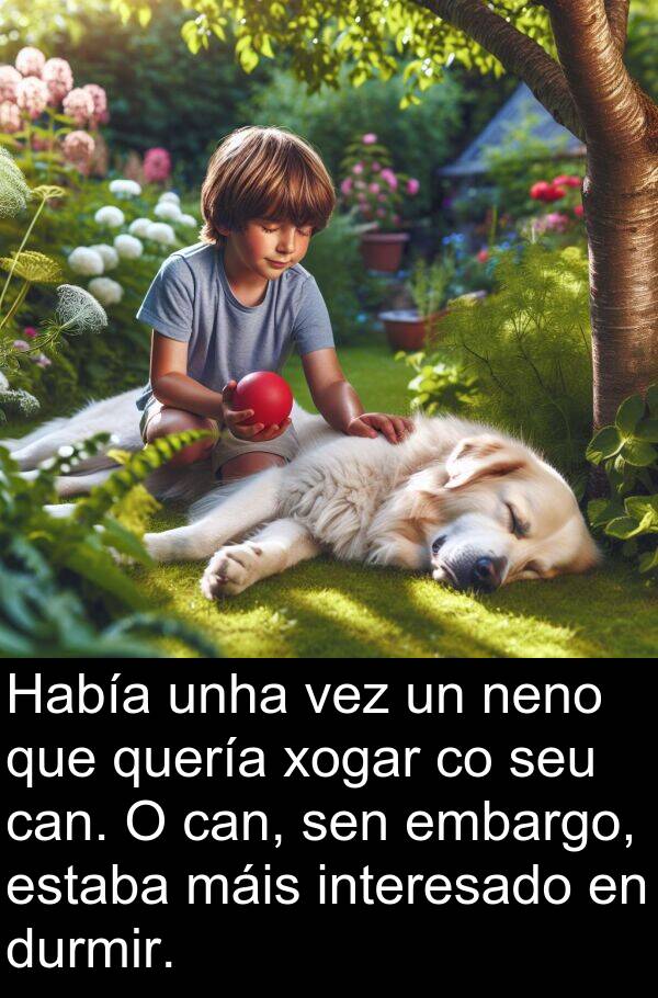 interesado: Había unha vez un neno que quería xogar co seu can. O can, sen embargo, estaba máis interesado en durmir.