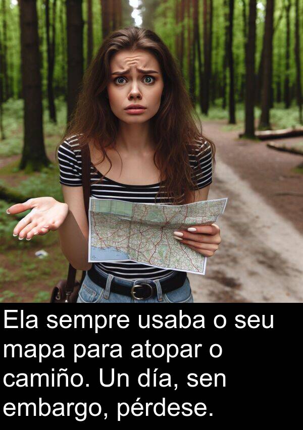 mapa: Ela sempre usaba o seu mapa para atopar o camiño. Un día, sen embargo, pérdese.