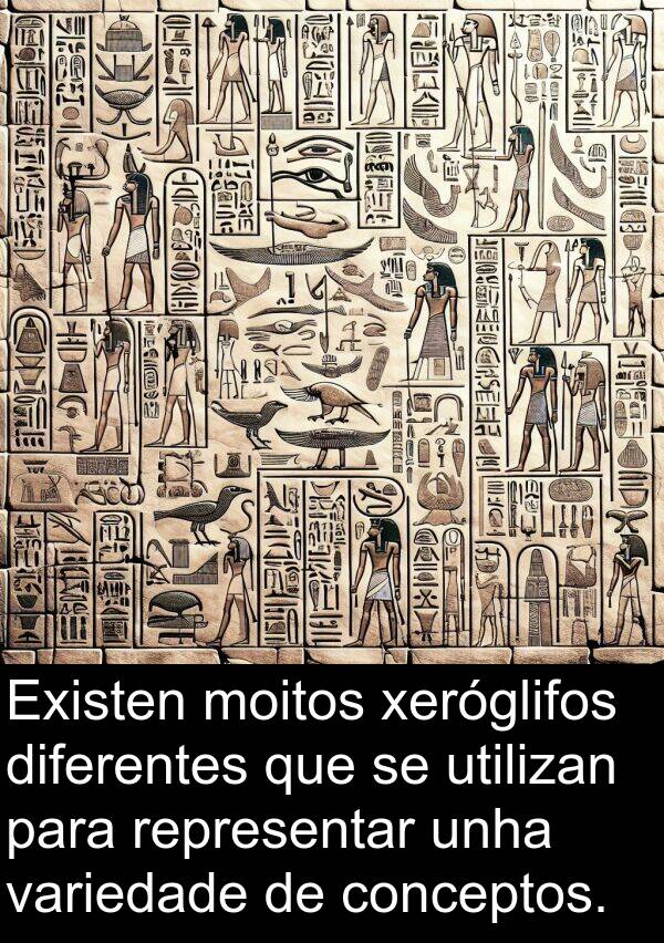 representar: Existen moitos xeróglifos diferentes que se utilizan para representar unha variedade de conceptos.