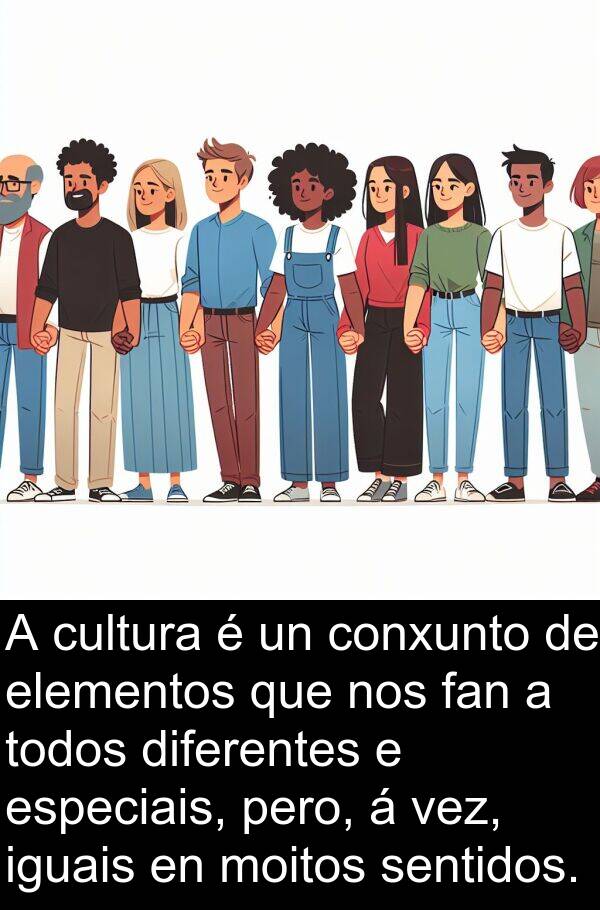 especiais: A cultura é un conxunto de elementos que nos fan a todos diferentes e especiais, pero, á vez, iguais en moitos sentidos.