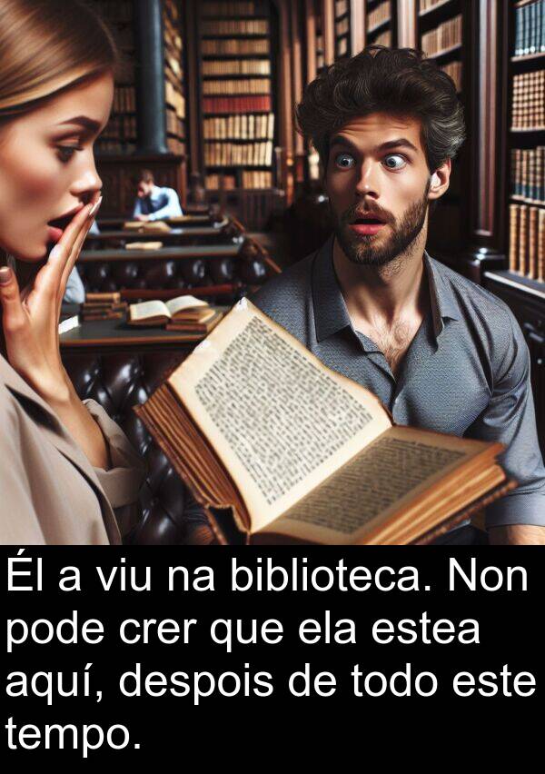 ela: Él a viu na biblioteca. Non pode crer que ela estea aquí, despois de todo este tempo.