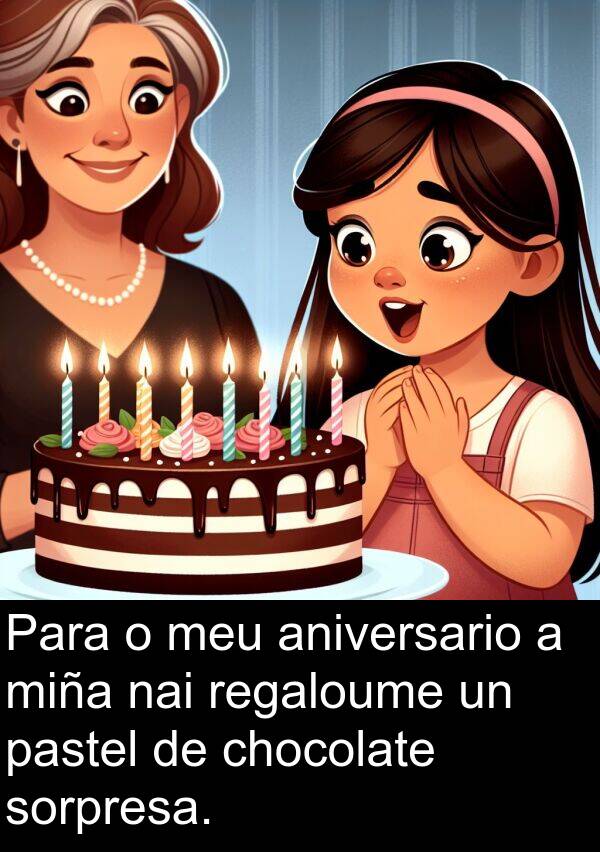 regaloume: Para o meu aniversario a miña nai regaloume un pastel de chocolate sorpresa.
