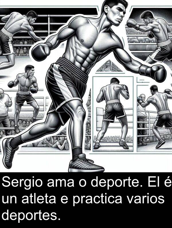 deporte: Sergio ama o deporte. El é un atleta e practica varios deportes.
