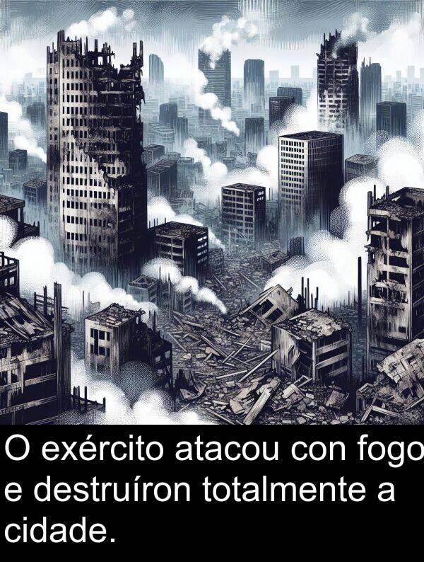 exército: O exército atacou con fogo e destruíron totalmente a cidade.