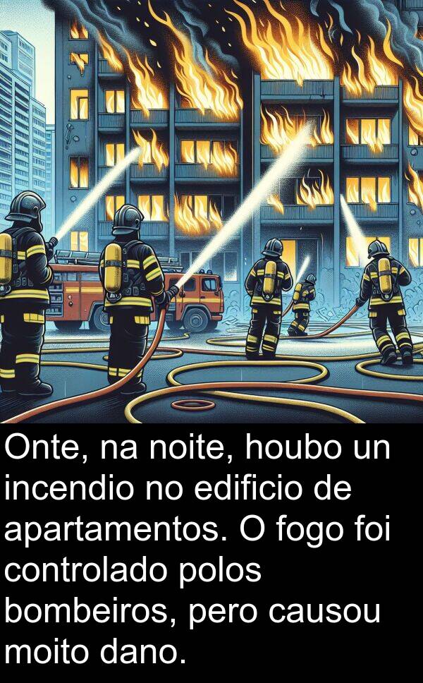 edificio: Onte, na noite, houbo un incendio no edificio de apartamentos. O fogo foi controlado polos bombeiros, pero causou moito dano.