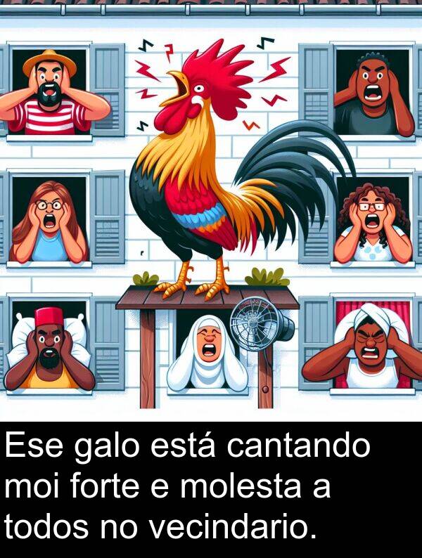 forte: Ese galo está cantando moi forte e molesta a todos no vecindario.