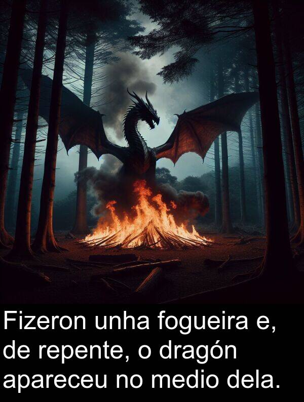 medio: Fizeron unha fogueira e, de repente, o dragón apareceu no medio dela.