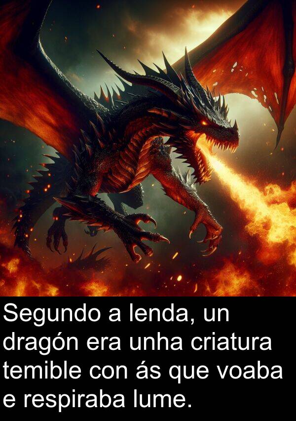 respiraba: Segundo a lenda, un dragón era unha criatura temible con ás que voaba e respiraba lume.