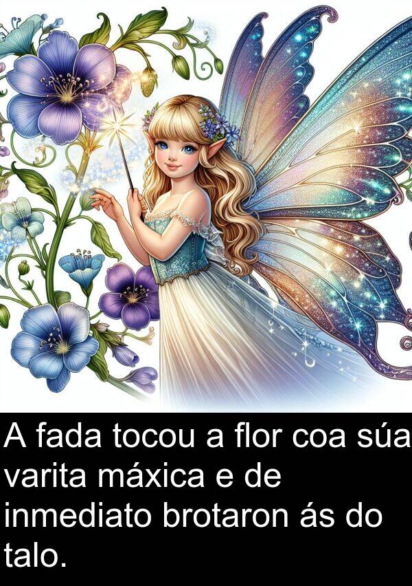 flor: A fada tocou a flor coa súa varita máxica e de inmediato brotaron ás do talo.