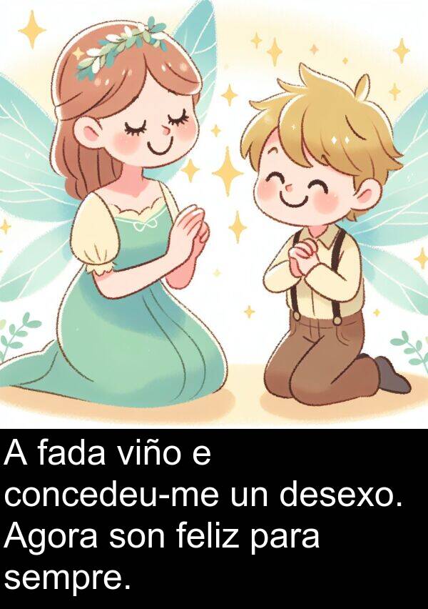 fada: A fada viño e concedeu-me un desexo. Agora son feliz para sempre.