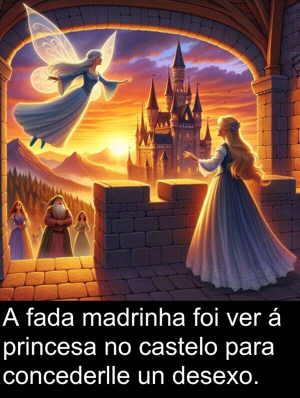 fada: A fada madrinha foi ver á princesa no castelo para concederlle un desexo.