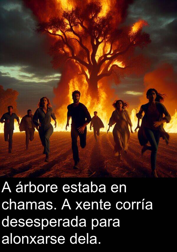 corría: A árbore estaba en chamas. A xente corría desesperada para alonxarse dela.