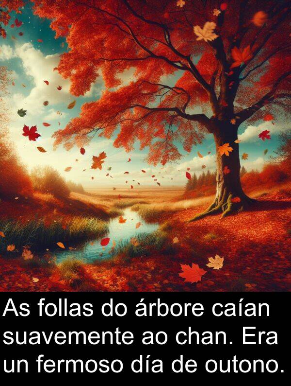 follas: As follas do árbore caían suavemente ao chan. Era un fermoso día de outono.