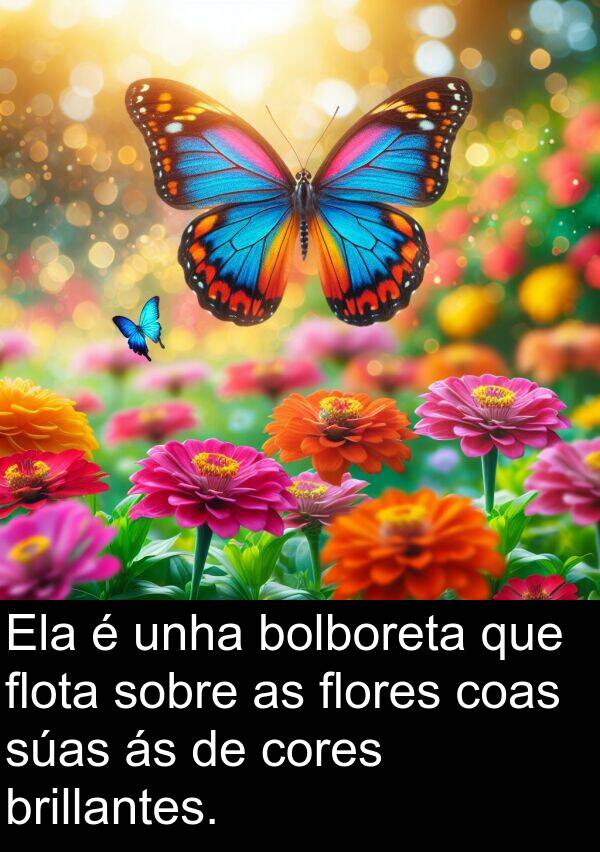 cores: Ela é unha bolboreta que flota sobre as flores coas súas ás de cores brillantes.