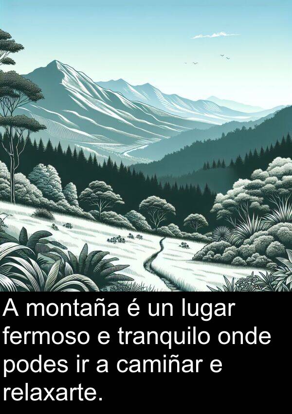 relaxarte: A montaña é un lugar fermoso e tranquilo onde podes ir a camiñar e relaxarte.