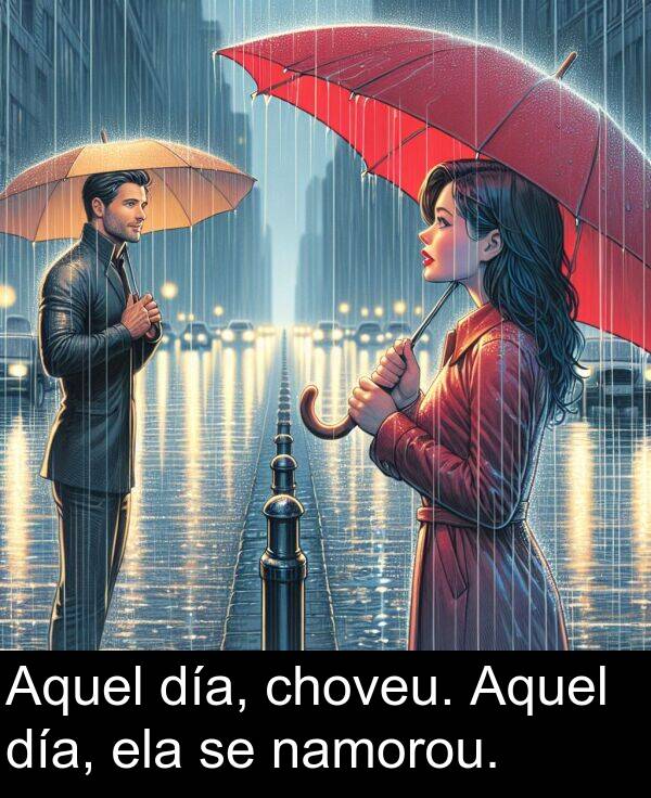 día: Aquel día, choveu. Aquel día, ela se namorou.