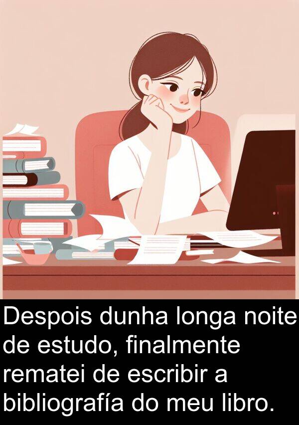 escribir: Despois dunha longa noite de estudo, finalmente rematei de escribir a bibliografía do meu libro.