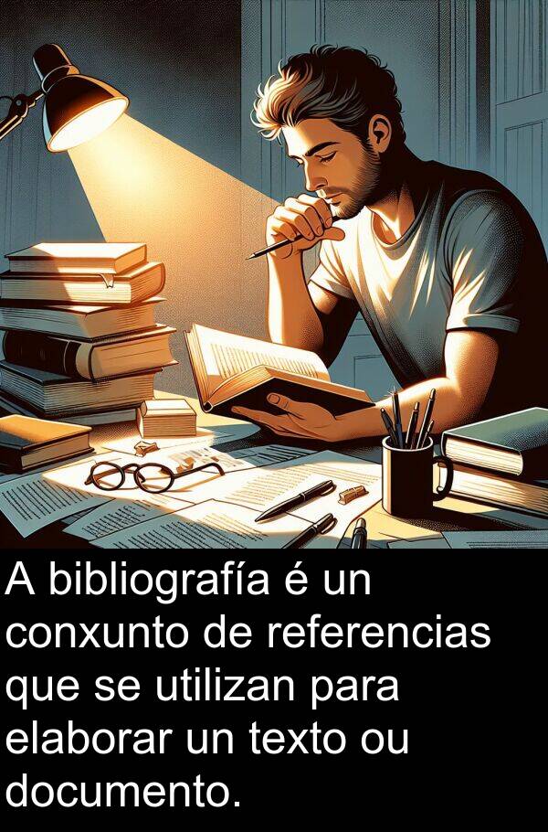 referencias: A bibliografía é un conxunto de referencias que se utilizan para elaborar un texto ou documento.