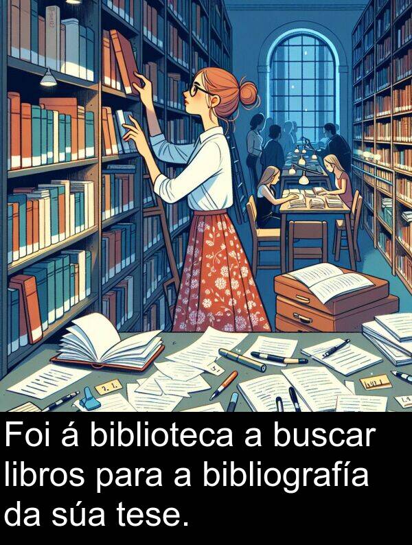 biblioteca: Foi á biblioteca a buscar libros para a bibliografía da súa tese.