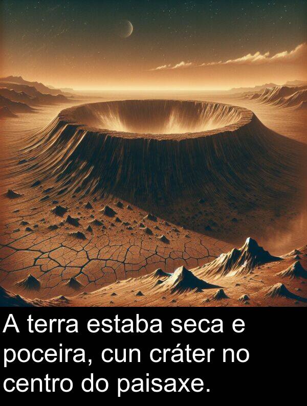 terra: A terra estaba seca e poceira, cun cráter no centro do paisaxe.