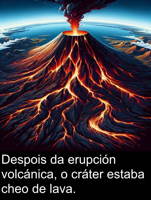 erupción: Despois da erupción volcánica, o cráter estaba cheo de lava.