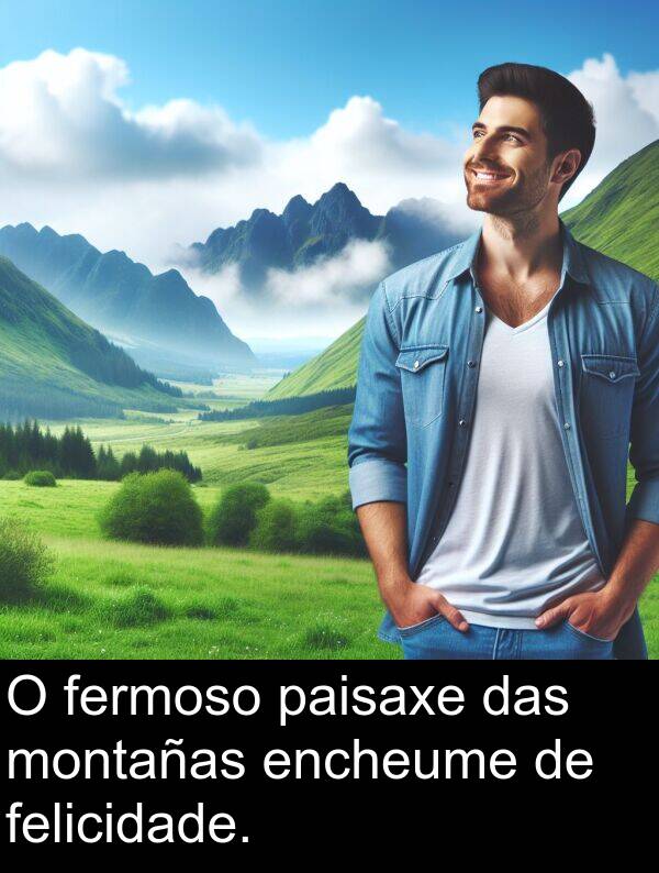 encheume: O fermoso paisaxe das montañas encheume de felicidade.