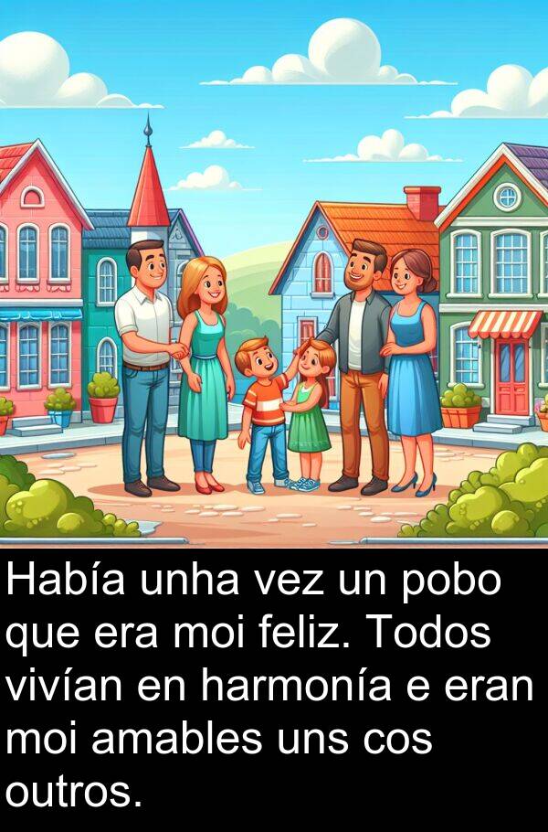 eran: Había unha vez un pobo que era moi feliz. Todos vivían en harmonía e eran moi amables uns cos outros.