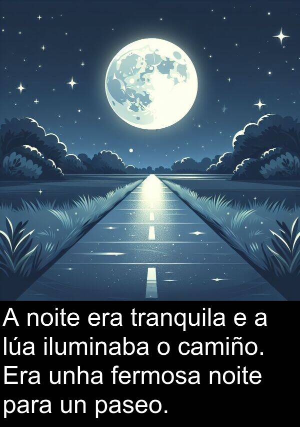 tranquila: A noite era tranquila e a lúa iluminaba o camiño. Era unha fermosa noite para un paseo.