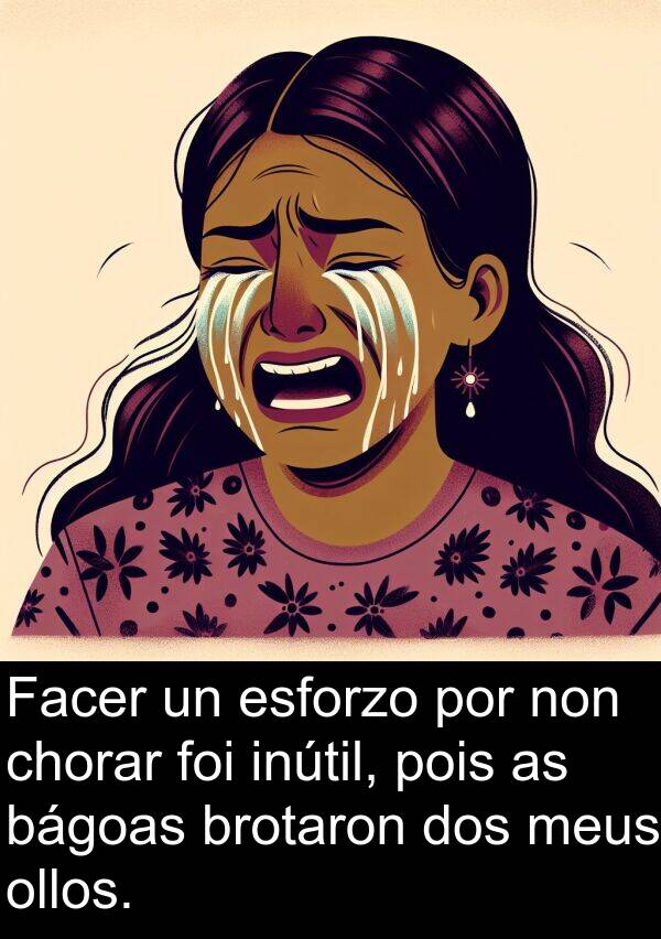esforzo: Facer un esforzo por non chorar foi inútil, pois as bágoas brotaron dos meus ollos.