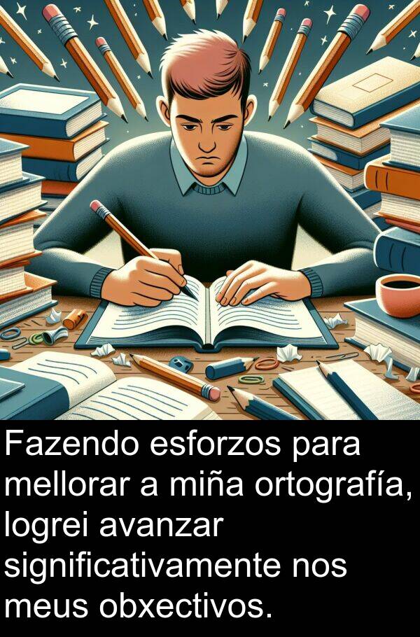 esforzos: Fazendo esforzos para mellorar a miña ortografía, logrei avanzar significativamente nos meus obxectivos.