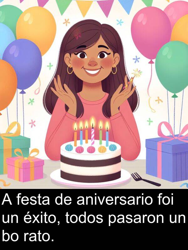 rato: A festa de aniversario foi un éxito, todos pasaron un bo rato.